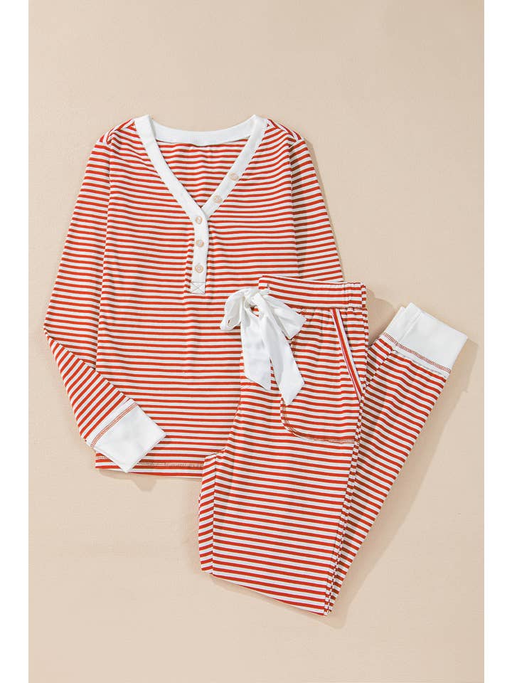 Red Stripe Buttoned V Neck Top Knotted Waist Pants Lounge Set for wholesale on Faire