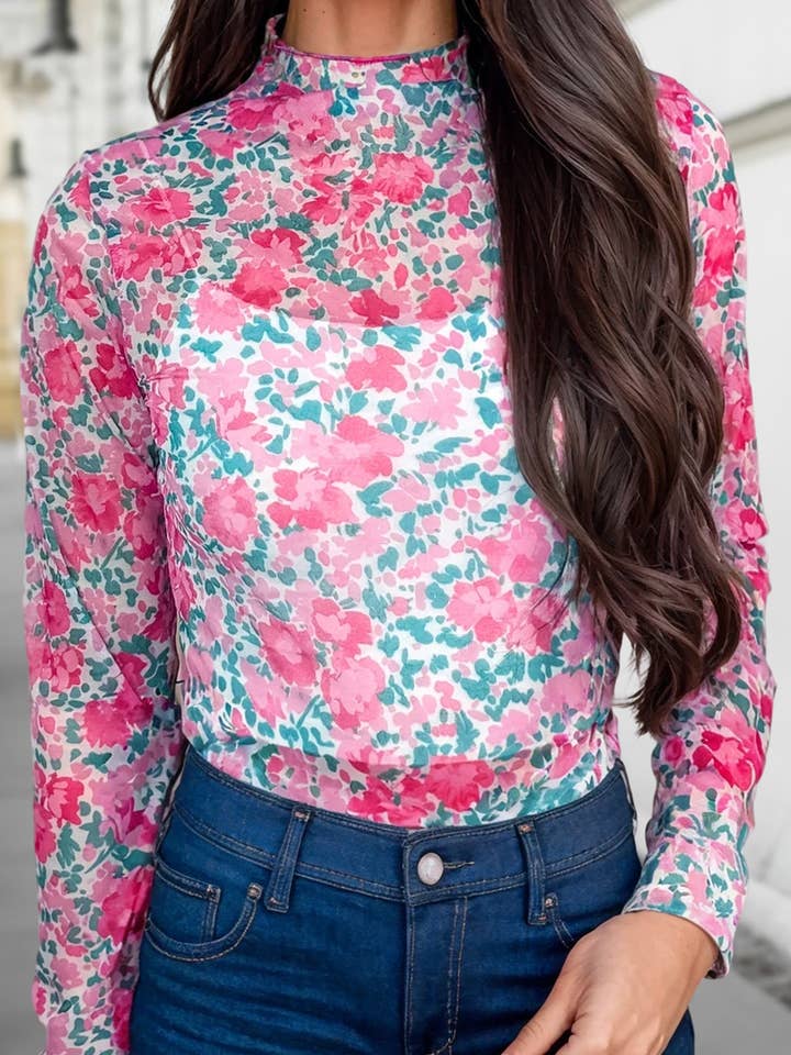 Slim Fit Floral Mesh Long Sleeve Mock Neck Top | S-XL for wholesale by Aapparella