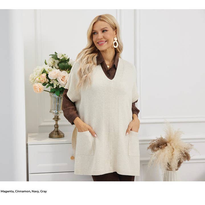 V neck short sleeve sweater topper for wholesale by Orange Fashion Village