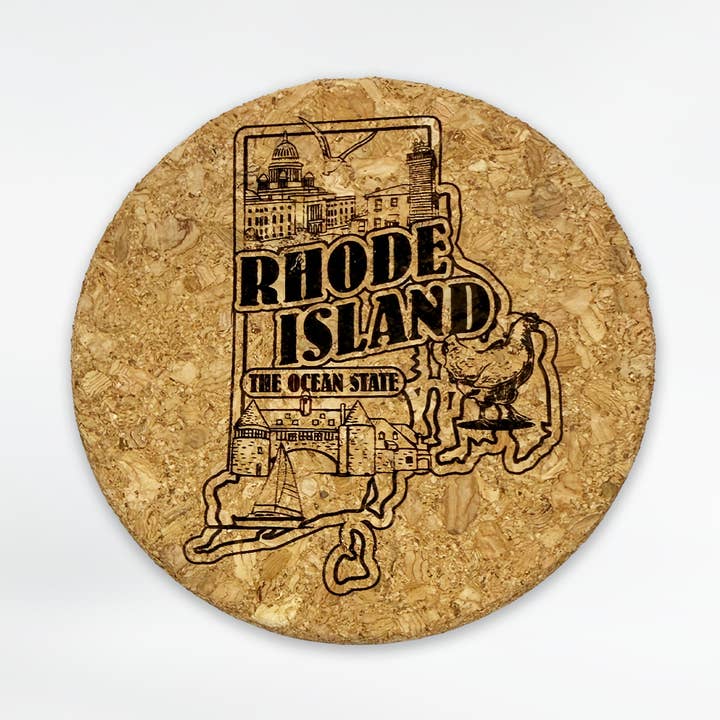 Rhode Island Map Collage Cork Coaster for wholesale by Commonwealth Souvenirs