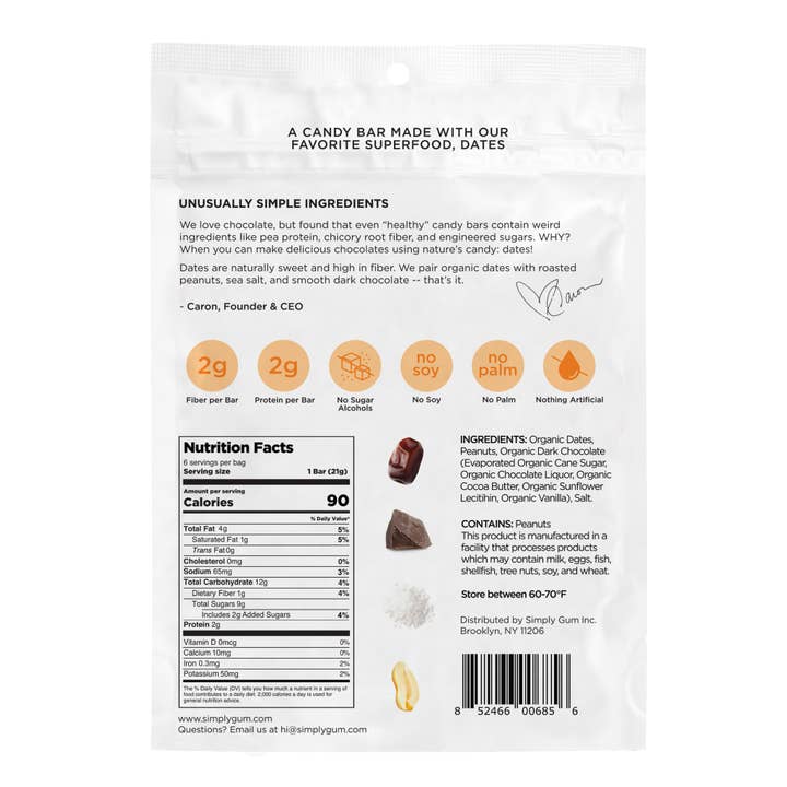 Simply Gum - Wholesale Chocolate Covered Sweets - Chocolate Date Bars - Salted Peanut (4.5 oz Bags)