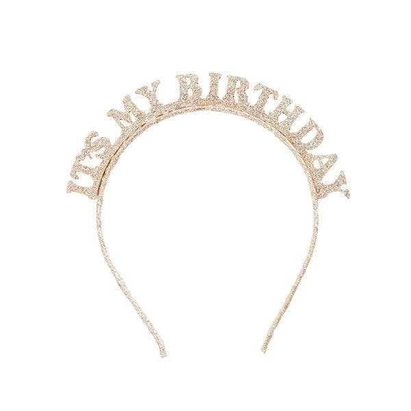Hootyballoo by Club Green – wholesale Partyhatt/-krona – Guld"It My Birthday” glittrande pannband1