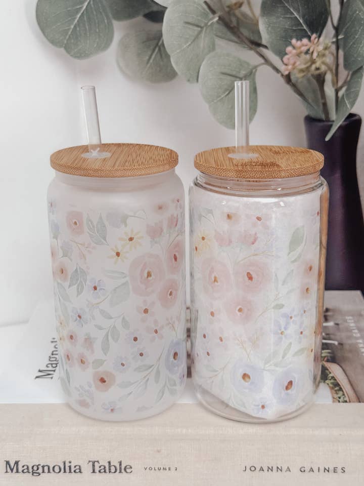 Whispering Meadow 16oz Glass Cup with Bamboo Lid for wholesale by Emma K Designs