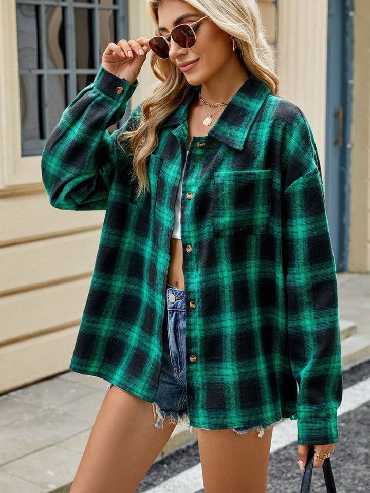 NINEXIS - Wholesale Coat - Women's - CWOCO0473_LAPEL PLAID CONTRAST LONG SLEEVE SHIRT COAT