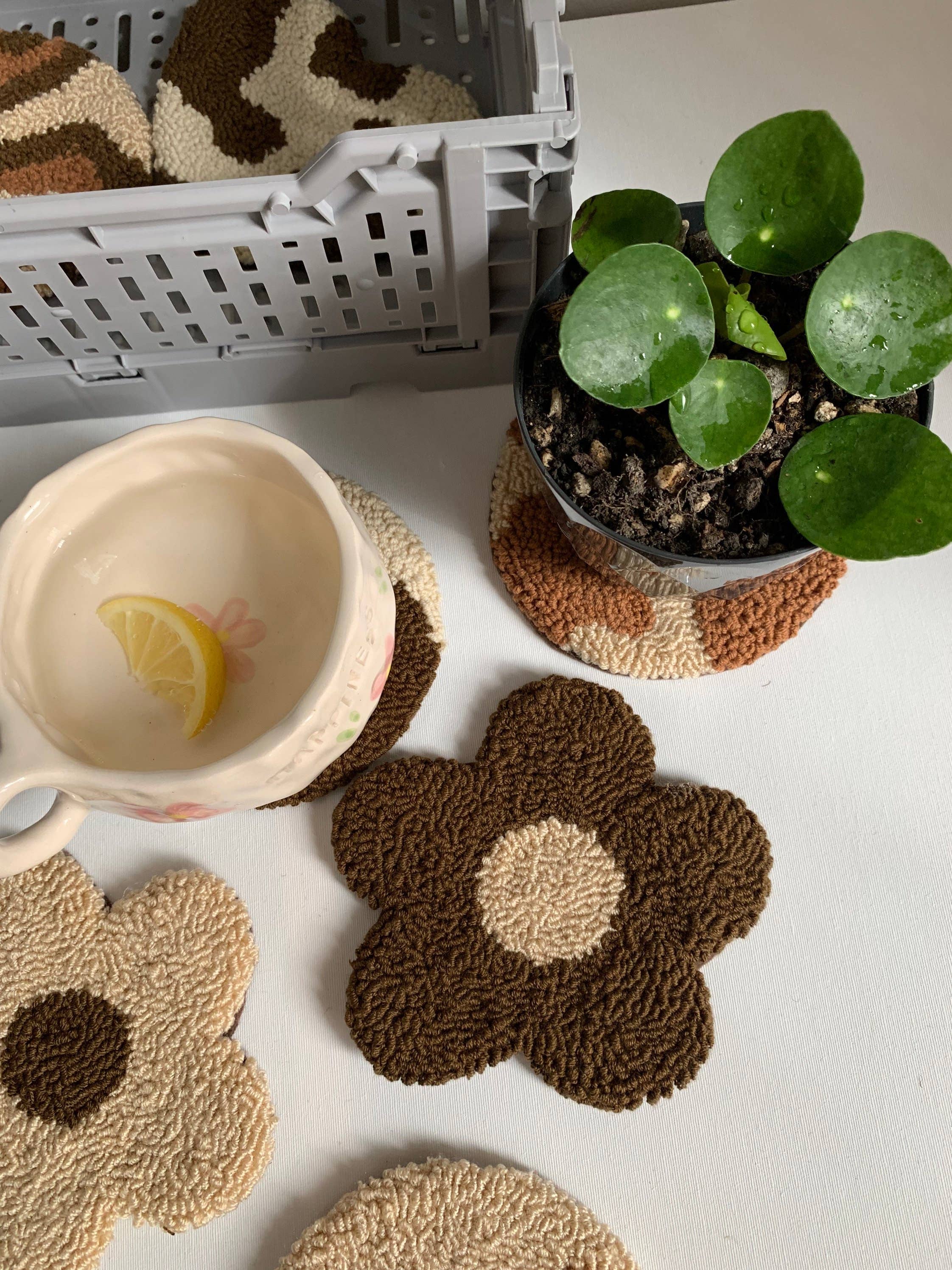 MUUDLAND - Wholesale Coasters - Punch Needle Coasters, Brown Mug Rugs, Coffee Rug,3
