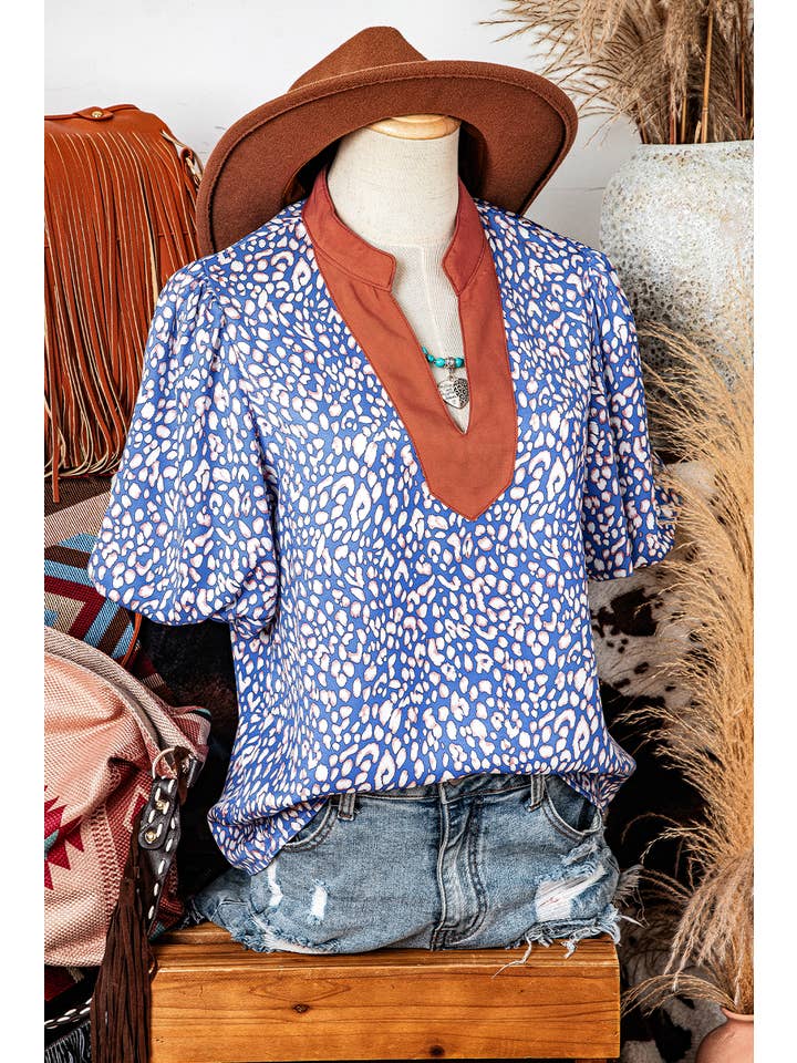 Multi Colored Fashion-W Leopard Print Spot Contrast Half Puff Sleeve Shirt for wholesale on Faire