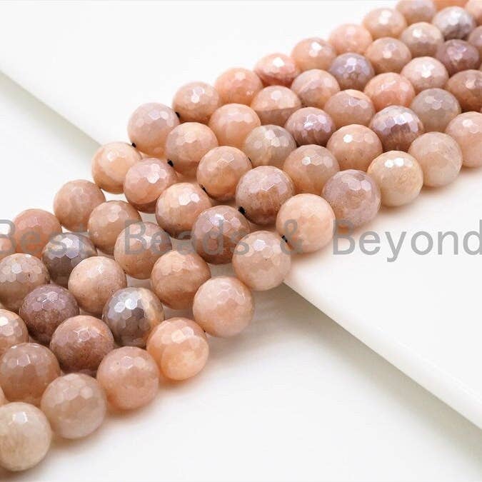 Quality Plated Natural Moonstone 6mm/8mm/10mm/12mm beads, Round Faceted Peach Gray Moonstone Gemstone Beads, 15.5inch strand, SKU#U284 for wholesale by BestBeads&Beyond
