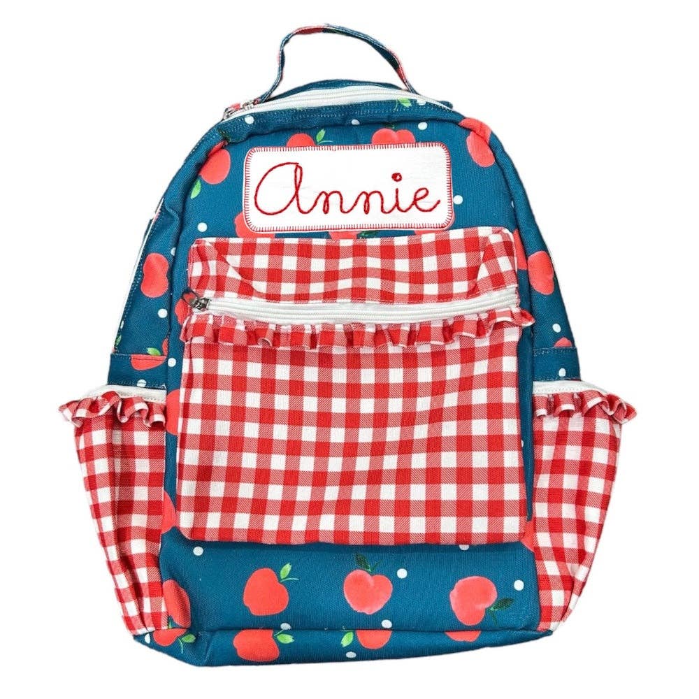 Sugar Bee Clothing - Wholesale Backpack - Kids - Girls School Bag - Ruffle Backpack - Apples on Navy 1