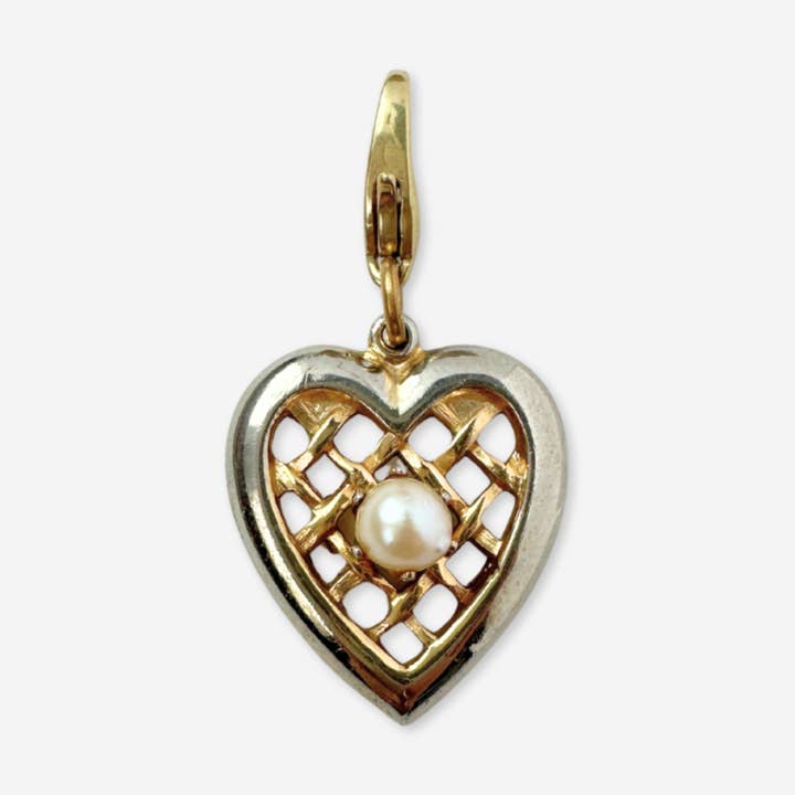 Vintage gold and silver lattice heart charm with pearl for wholesale by Lulu’s Petals