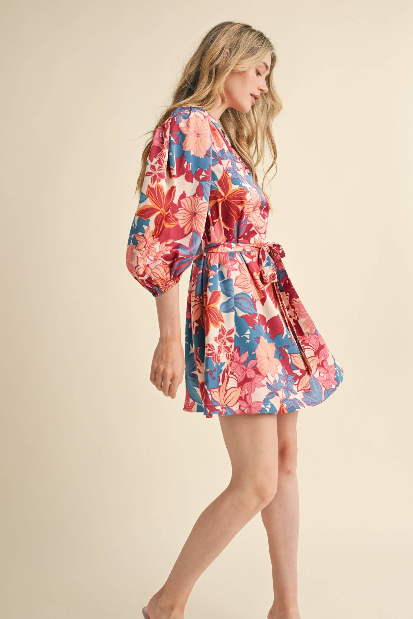 &MERCI - Wholesale Dress - Women's - EXCLUSIVE PRINT PUFF SLEEVE TYING WAIST MINI DRESS MDR33537