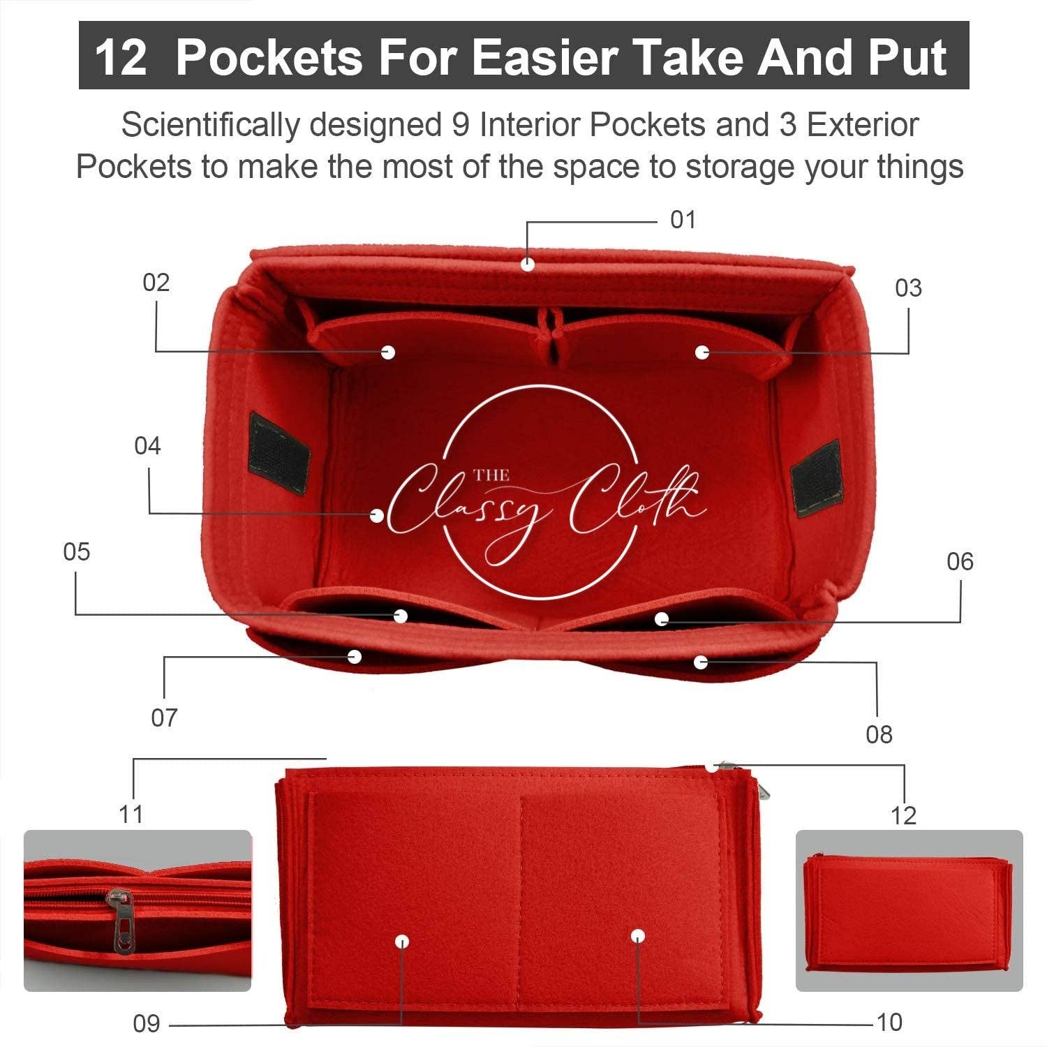 The Classy Cloth WS - Wholesale Purse/Bag Accessory - Women's - Tote Bag Purse Organizer Insert - Red RTS6
