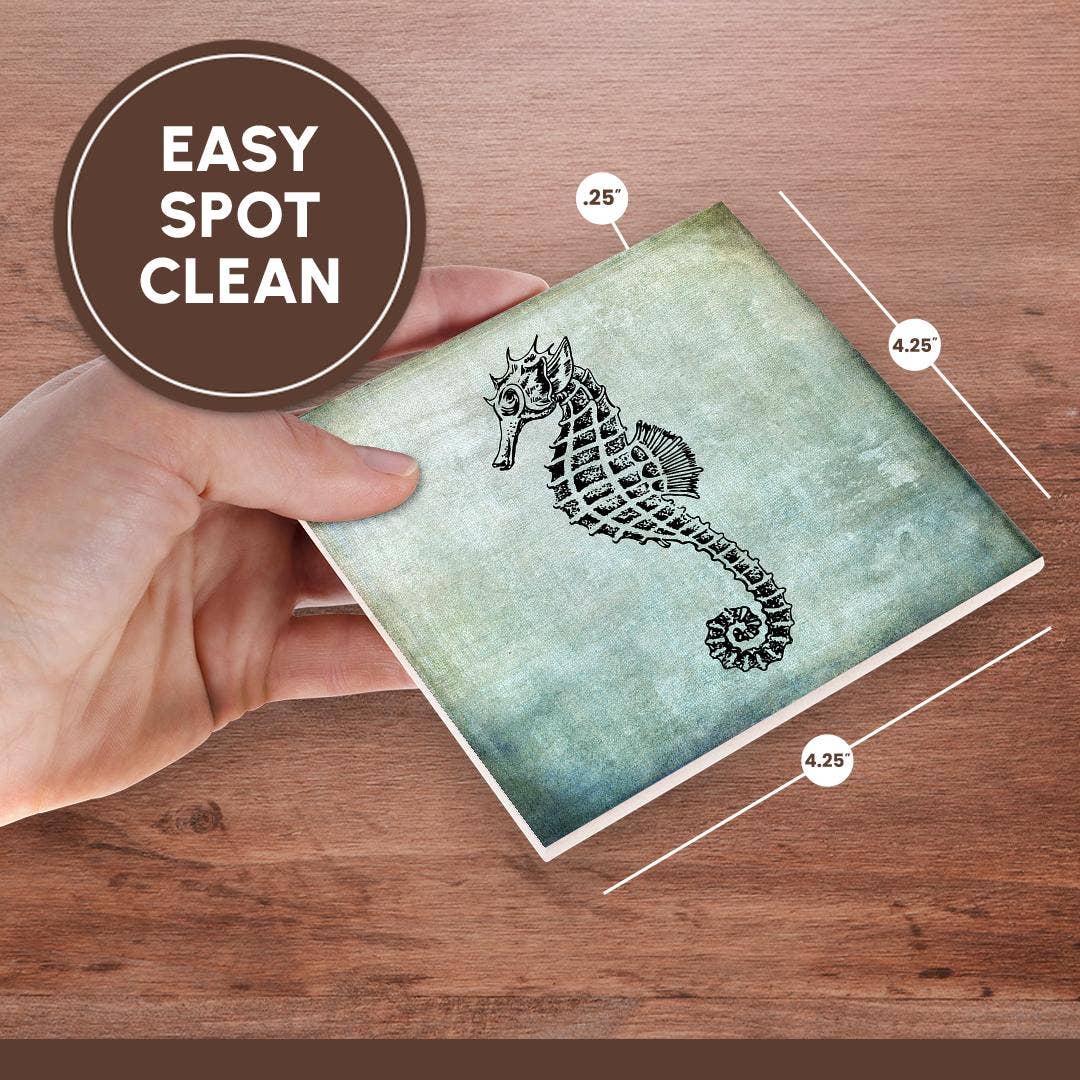 3dRose – Großhandel Untersetzer – 3dRose, Vintage Seepferdchen Zeichnung auf blauem Hintergrund, Untersetzer6