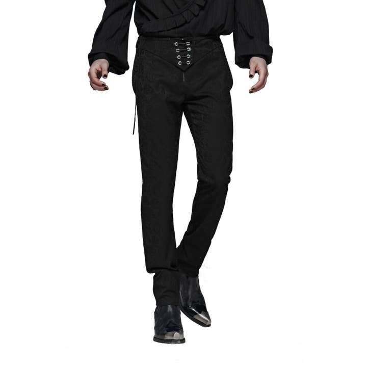 WK385 - Pantalon de costume noir à motif floral gothique avec hirondelle en métal - XL pour la vente par Western Fashion