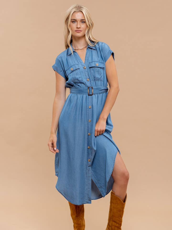 CHAMBRAY COLLARED BUTTON DOWN BELTED MIDI DRESS for wholesale on Faire