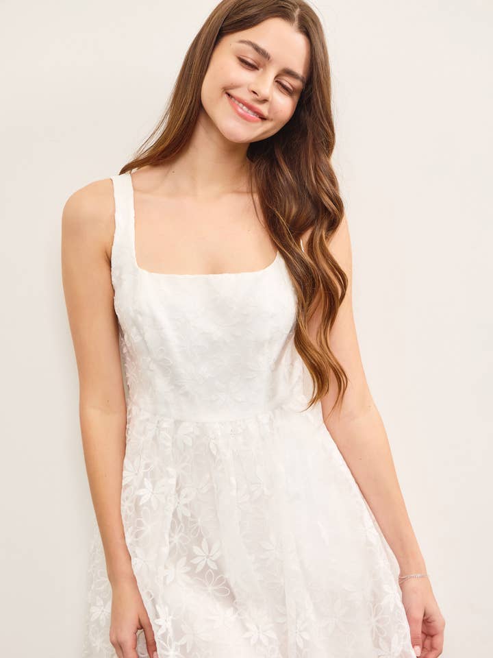 SQUARE NECK FLORAL ORGANZA SLEEVELESS DRESS for wholesale by Mustard Seed