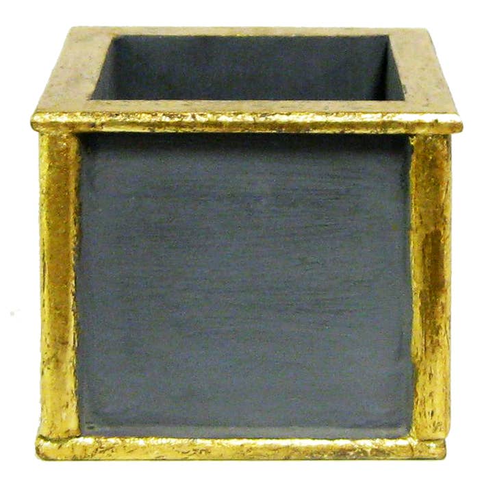 Bougainvillea - Wholesale Kunstbloemen - Houten Vierkante Container Donkerblauw Grijs Goud - Paarse Witte Orchidee Kunstmatig 3 Stelen1