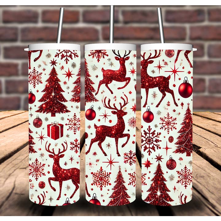Christmas Reindeer Red Glitter Sublimation Tumbler 20oz 30oz for wholesale by Sweet Tees
