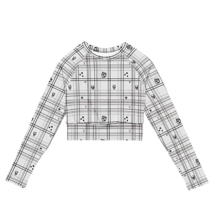 Top court recyclé à manches longues I will not comply in Gray Plaid pour la vente par Once Upon a Find Couture