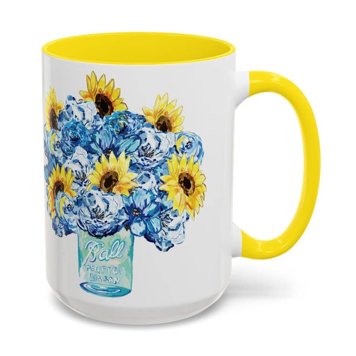 Solros Mason Jar Bukett Tvåfärgad Keramisk Kaffemugg - 11 oz & 15 oz för wholesale av Blue Cava