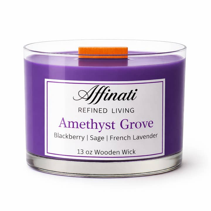 Vela com Pavio de Madeira Amethyst Grove – Luxo 13 oz Mistura de Soja | Affinati por atacado de Affinati