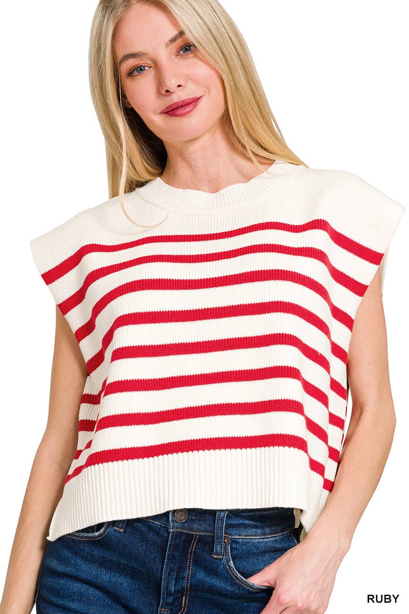 42POPS - Wholesale Outerwear Vest - Women's - ',,.._ Oversized Crew Neck Stripe Sweater Vest3