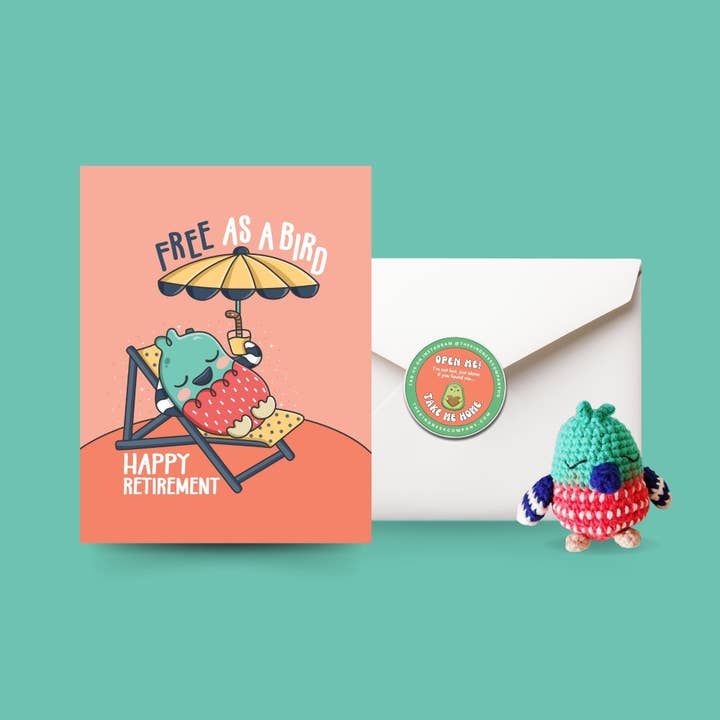 Ruhestandskarte und Häkelmuster mit Vogel für den Großhandel von The Kindness Company