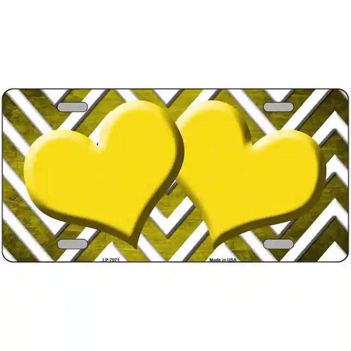 Yellow White Hearts Chevron Oil Rubbed License Plate for wholesale by Smart Blonde