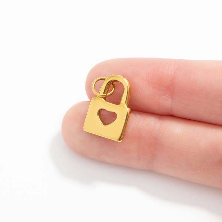 WJW - Wholesale Individual Charm/Pendant - 18K Gold PVD Stainless Steel Padlock with Heart Charm6