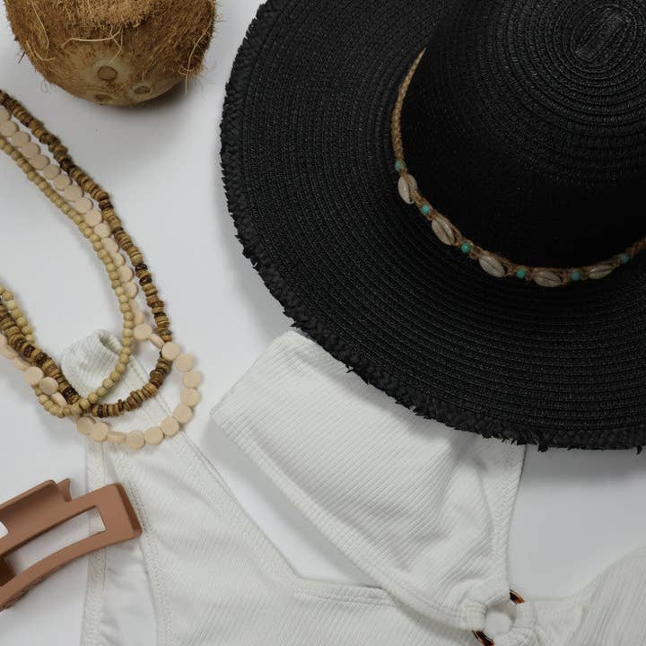 Nakoa The Label - Wholesale Straw Hat - Women's - Floppy Cowrie Shell Sun Hat - Seychelles - Black