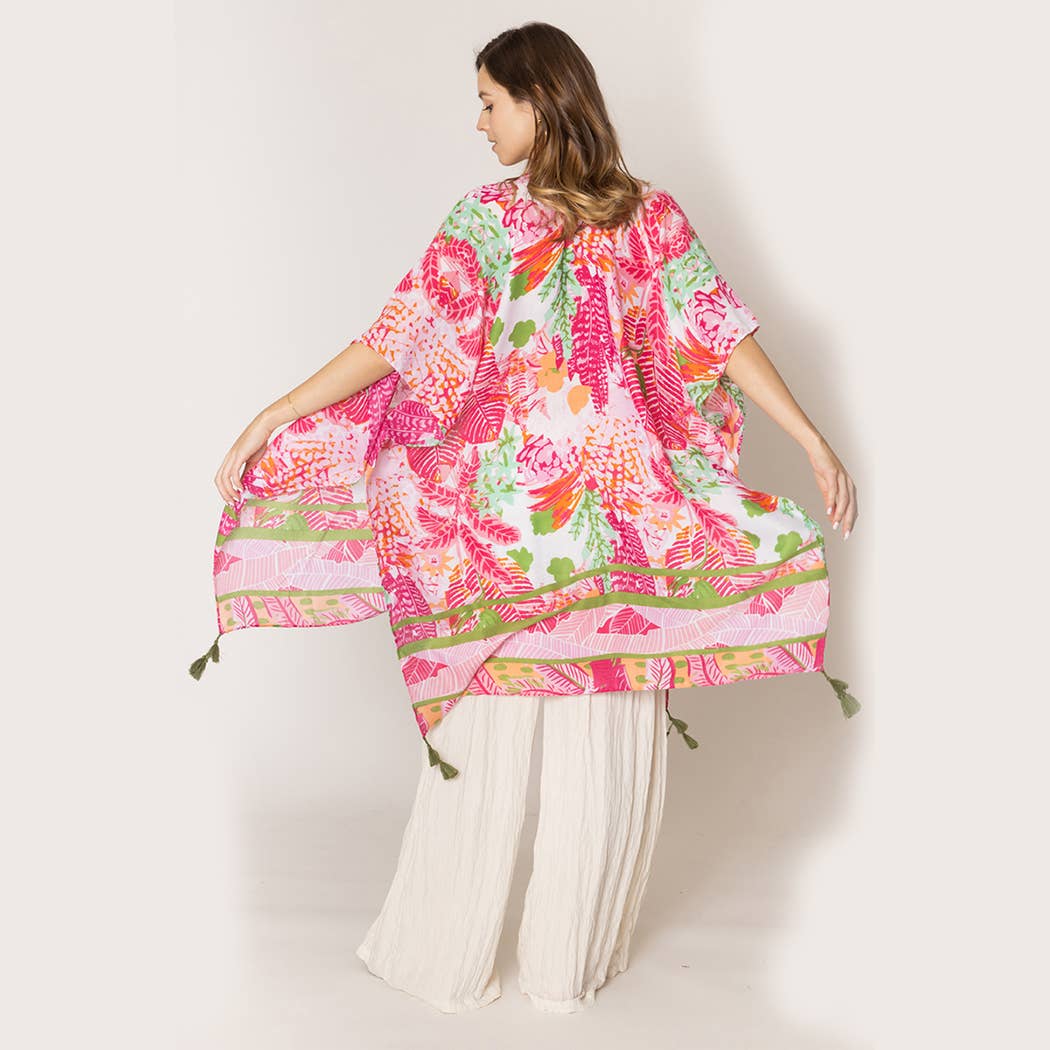 Fashion City - Vendita all'ingrosso Kimono - Donna - Copricostume kimono con nappine con stampa floreale tropicale8