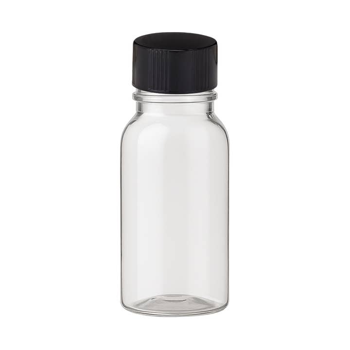 1 oz (30 ml) Clear PET Cosmo Round Bottle with Black Ribbed for wholesale by AfroCosmetics & Culture