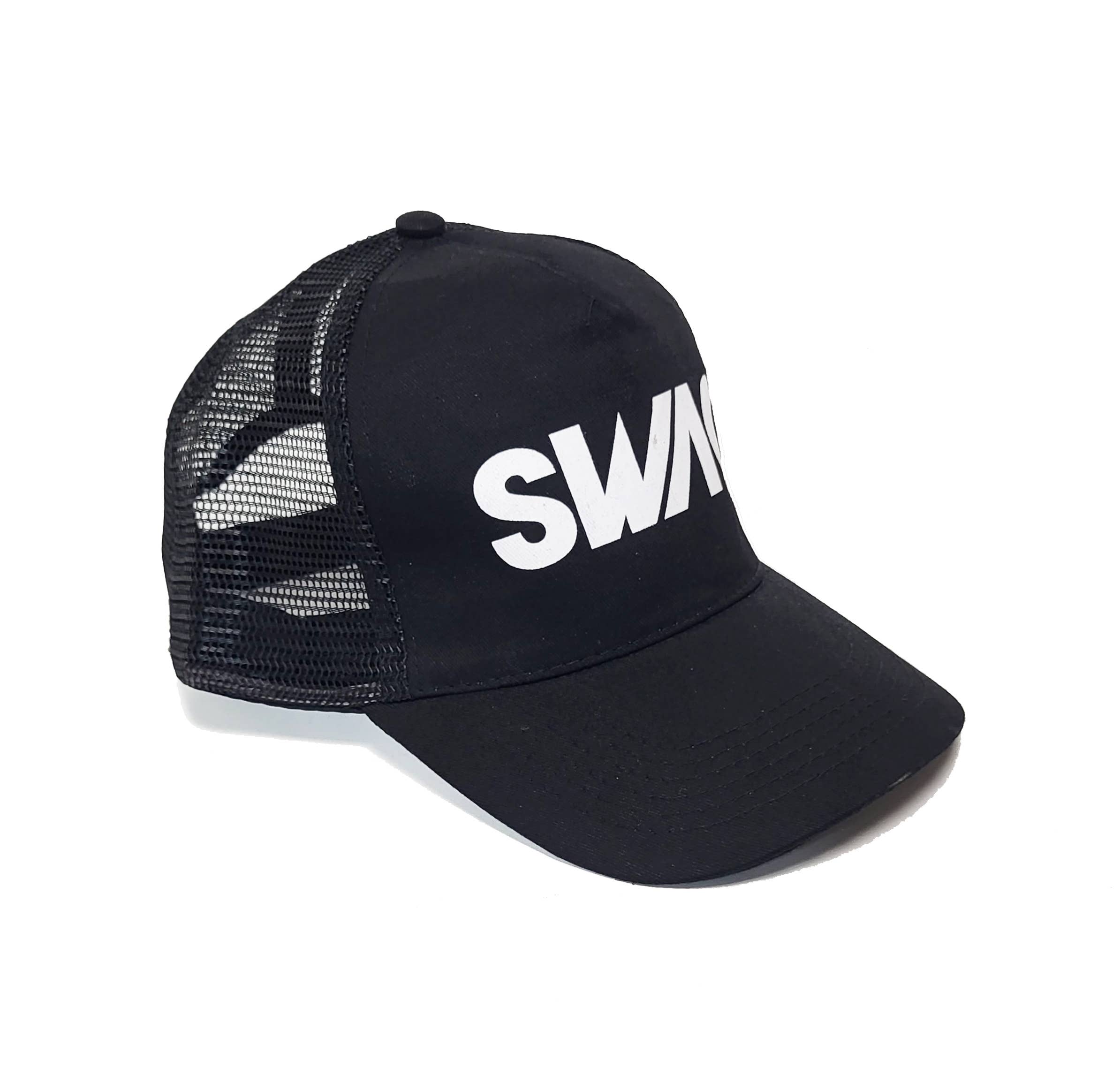 NHP International - Wholesale Trucker Hat - Unisex - Black baseball caps with SWAG text print and velcro back