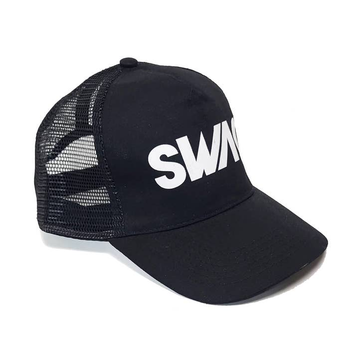 Black baseball caps with SWAG text print and velcro back for wholesale by NHP International