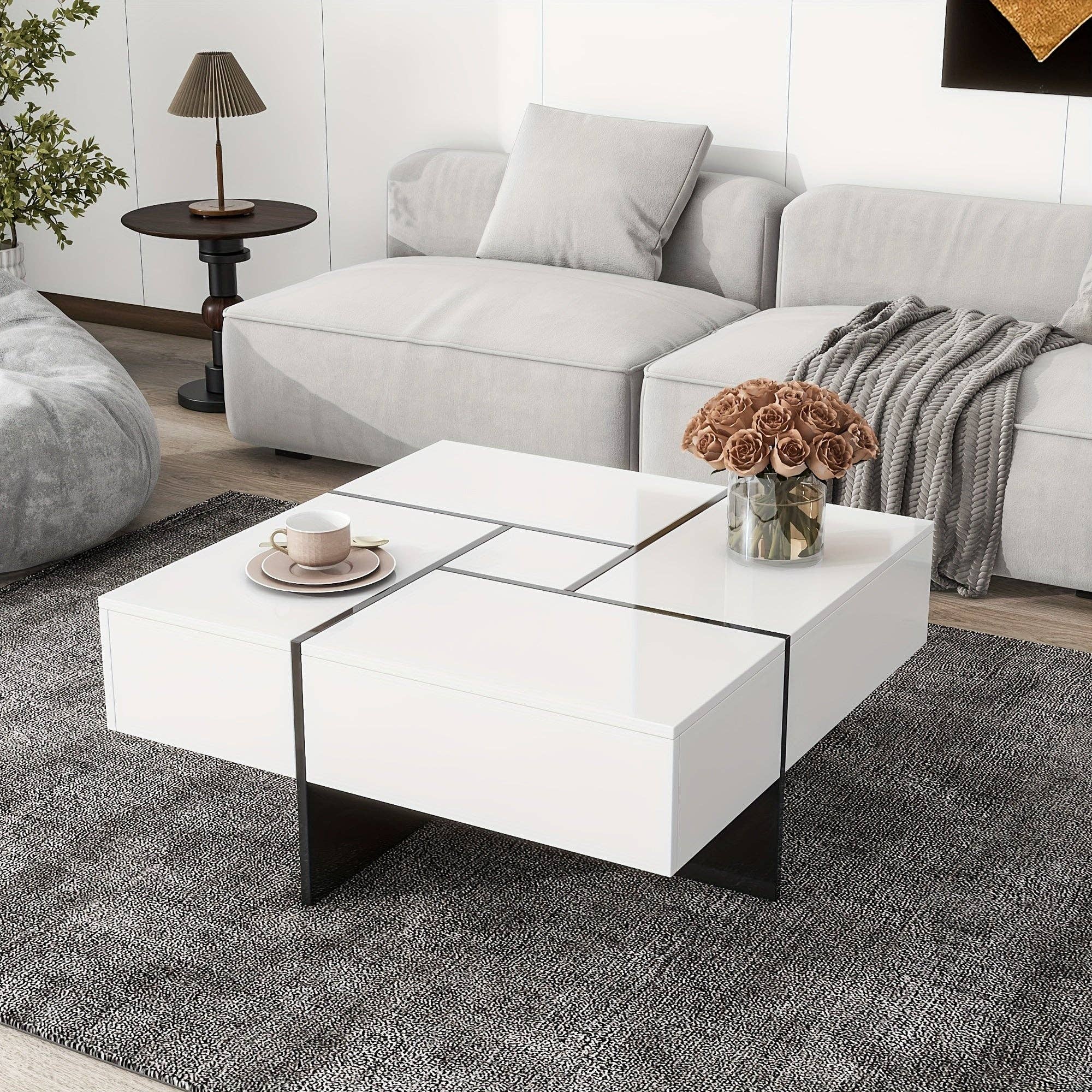 Volcanic Cult - Wholesale Coffee Table - Unique Design Coffee Table with 4 Hidden Storage Compartments, Square Cocktail Table with Extendable Sliding Tabletop, UV High-gloss Design Center Table for Living Room3
