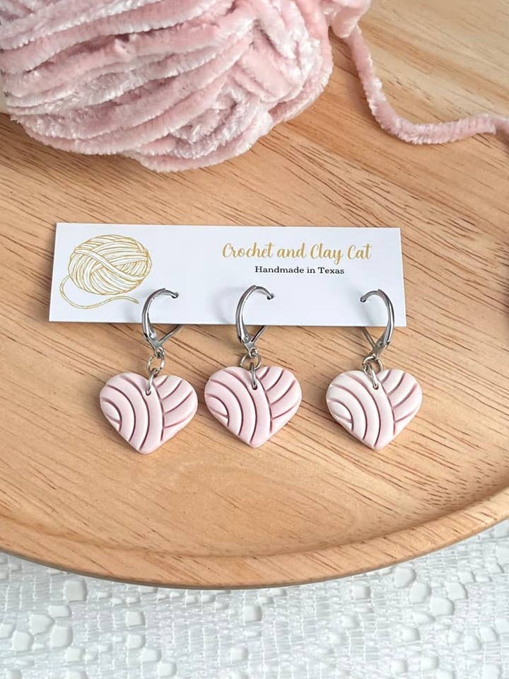 Pink Yarn Heart Stitch Markers for wholesale by Crochet and Clay Cat