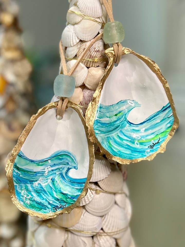 Blue Tide Wave - Hand Painted Oyster Ornament for wholesale by Coast and Cork