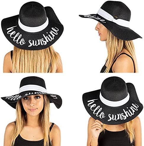 Funky Junque - Wholesale Straw Hat - Women's - Embroidered Sun Hat - Hello Sunshine (Black)1