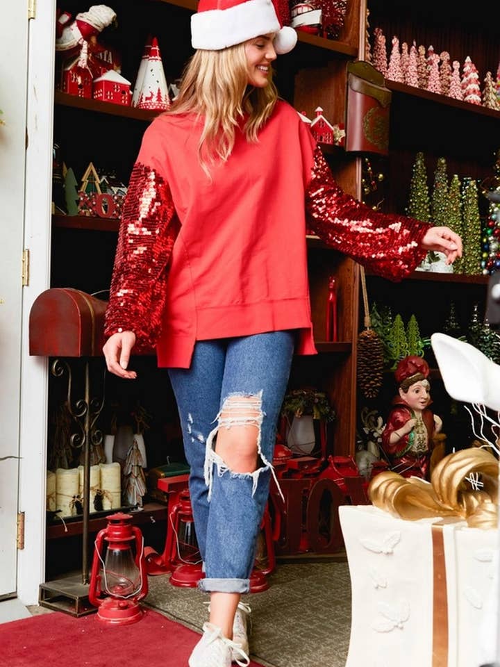 NINEXIS - Wholesale Blouse - Women's - CWTBLL01265_CHRISTMAS SEQUIN SLEEVE PATCH SWEATSHIRT18