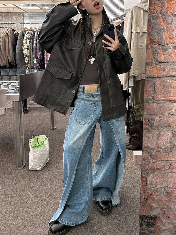 Sheer Trend - Wholesale Jeans - Women's - False Two Wide Leg Pockets Reversible Jean Pants Bottoms11