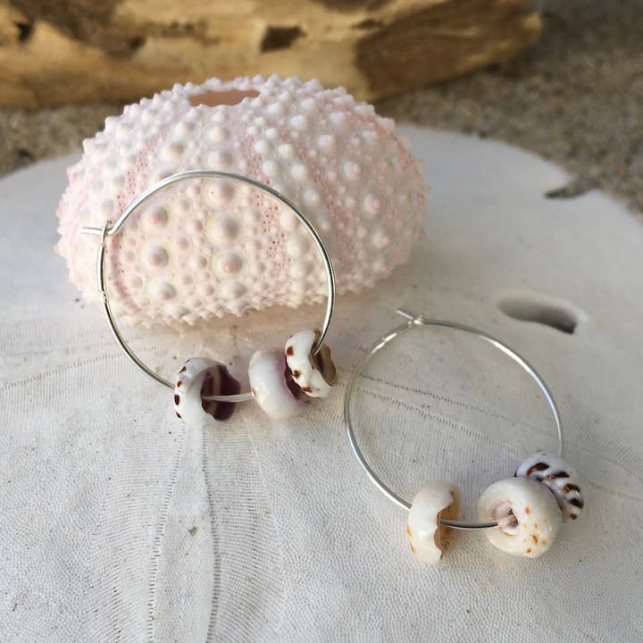 Puka Shell Hoop Earring for wholesale by Jackie Gallagher Designs - Handmade Coastal Jewelry
