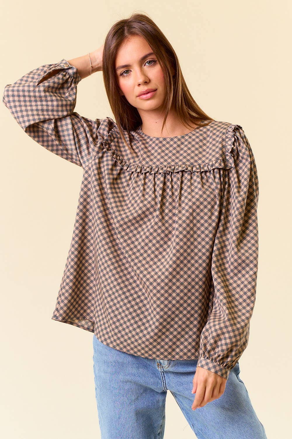 Black Round Neck Puff Long Sleeve Plaid Blouse - 44650T for wholesale on Faire0