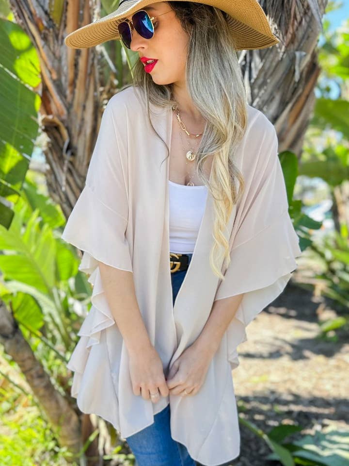 Beige Solid Chiffon Ruffled Sleeve Kimono Cover Up for wholesale by AMOLI