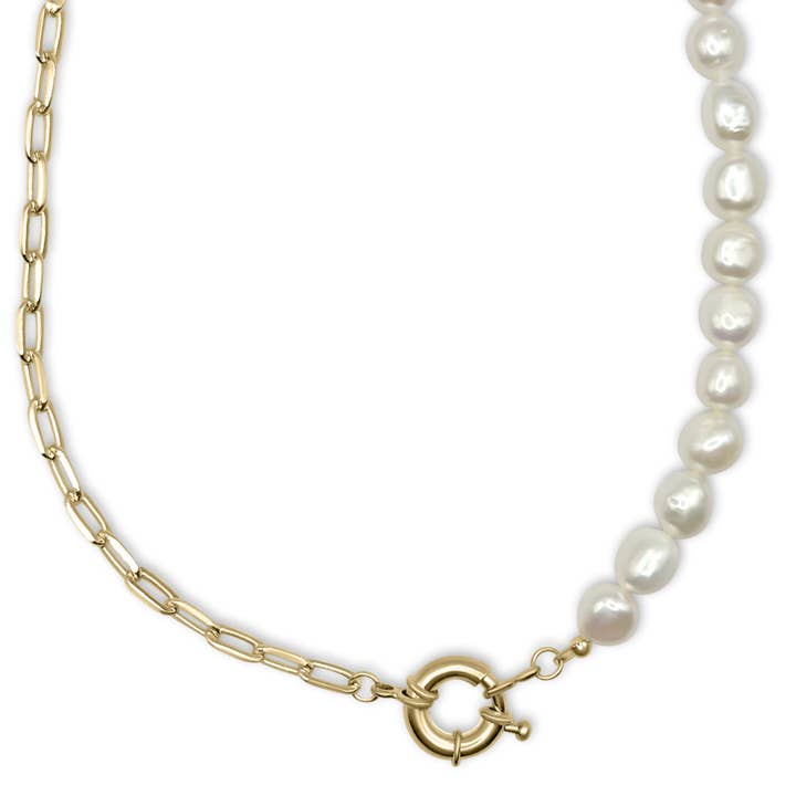 Collar de media cadena de perlas de agua dulce y media cadena de oro con cierre redondo. para venta al por mayor de Camilla Limón