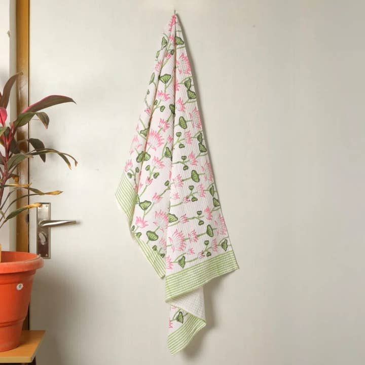 Lotus Block Printed Cotton Waffle Towel for wholesale by Draped In Heritage