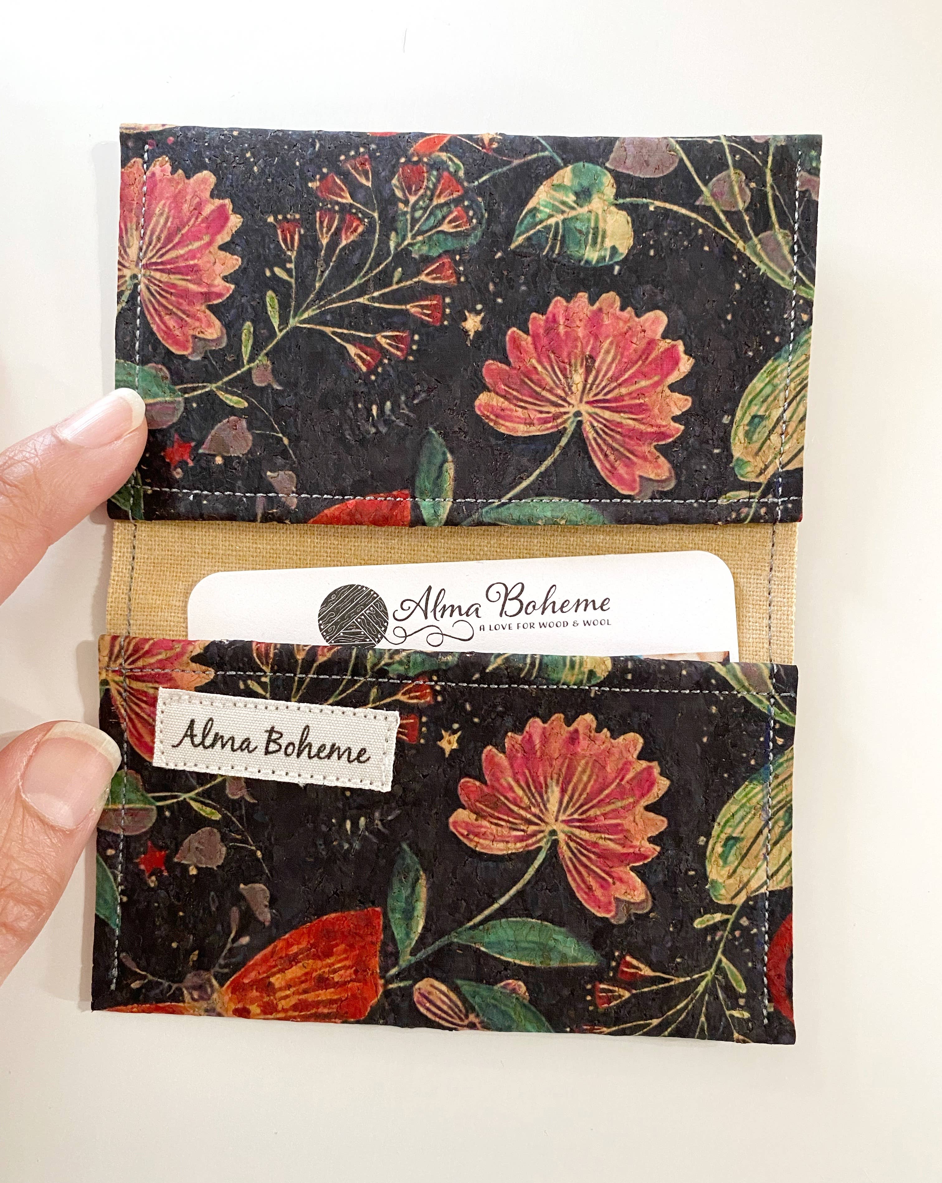 Alma Boheme Handmade - Vente Portefeuille – femme - Portefeuille pliant en liège avec motifs nature - Porte-cartes9