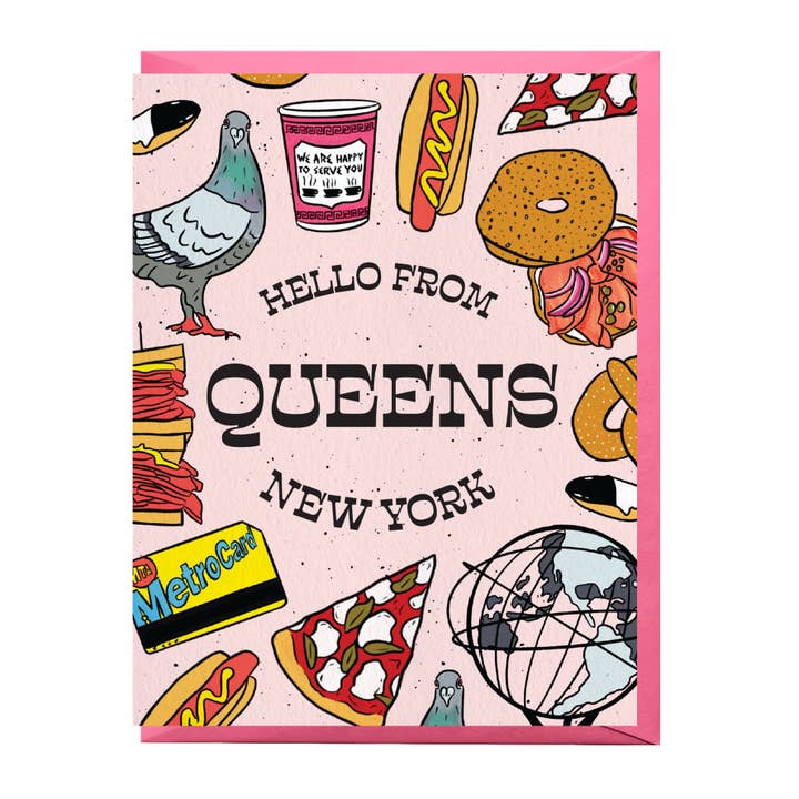 Hello From Queens Greeting Card for wholesale by Boss Dotty Paper Co.