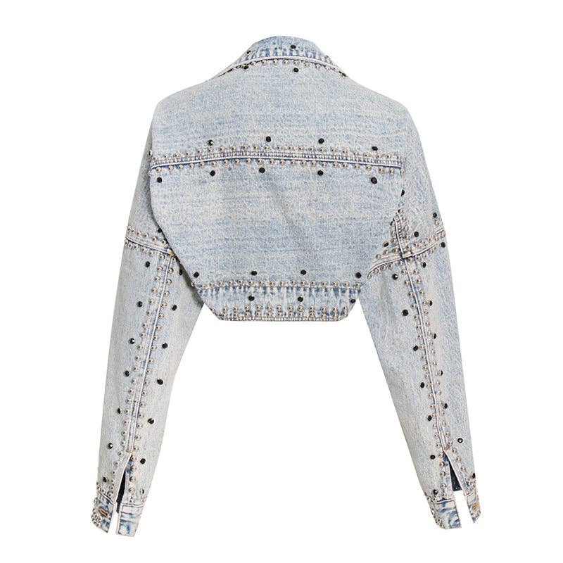 Blue Shawl Denim Coat Jacket Loose Long Sleeve Heavy Industry Rivet Thin Denim Top Fall Women Clothing for wholesale on Faire1