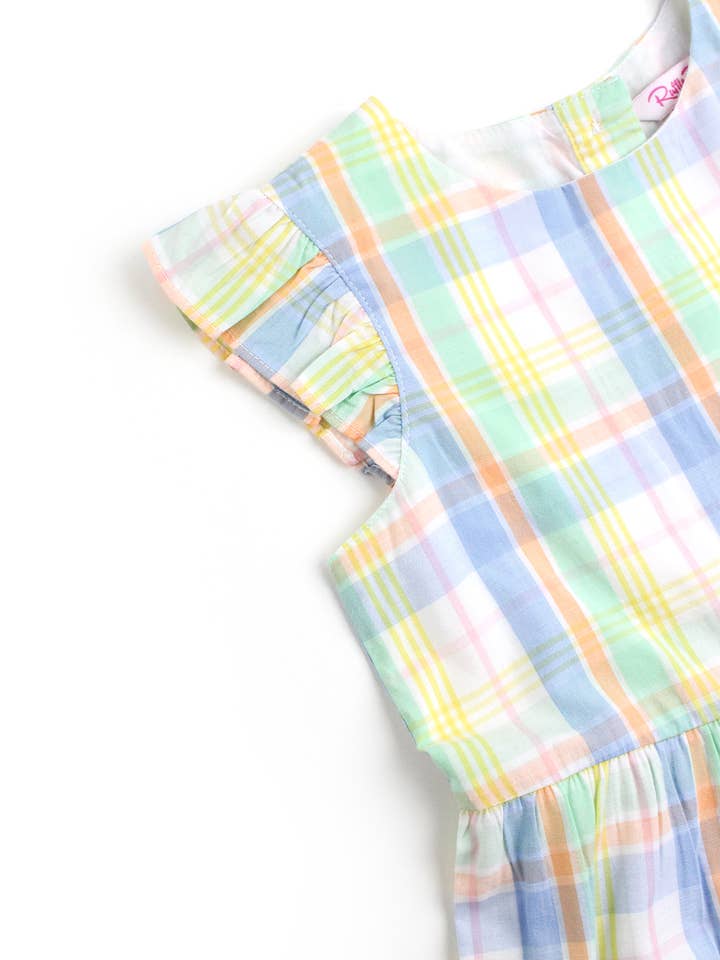 Multi Color Girls Clubhouse Rainbow Plaid Flutter Sleeve Tiered Dress for wholesale on Faire