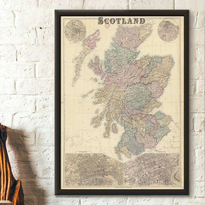 19th Century Antique Scotland Map Poster Wall Art Gift Idea for wholesale by Vintage Wall Graphics