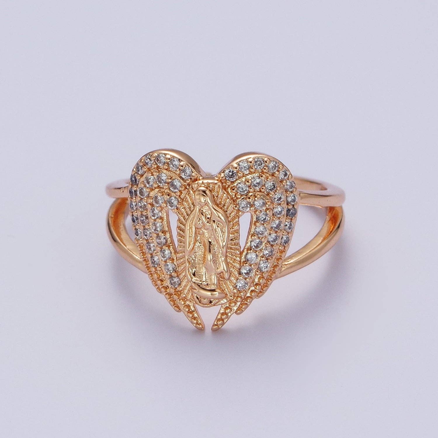 Aim Eternal - Wholesale Multi-Stone Ring - Micro Pave Gold Vintage Lady Guadalupe Ring with Angel Wing for Statement Religious Jewelry V-0491